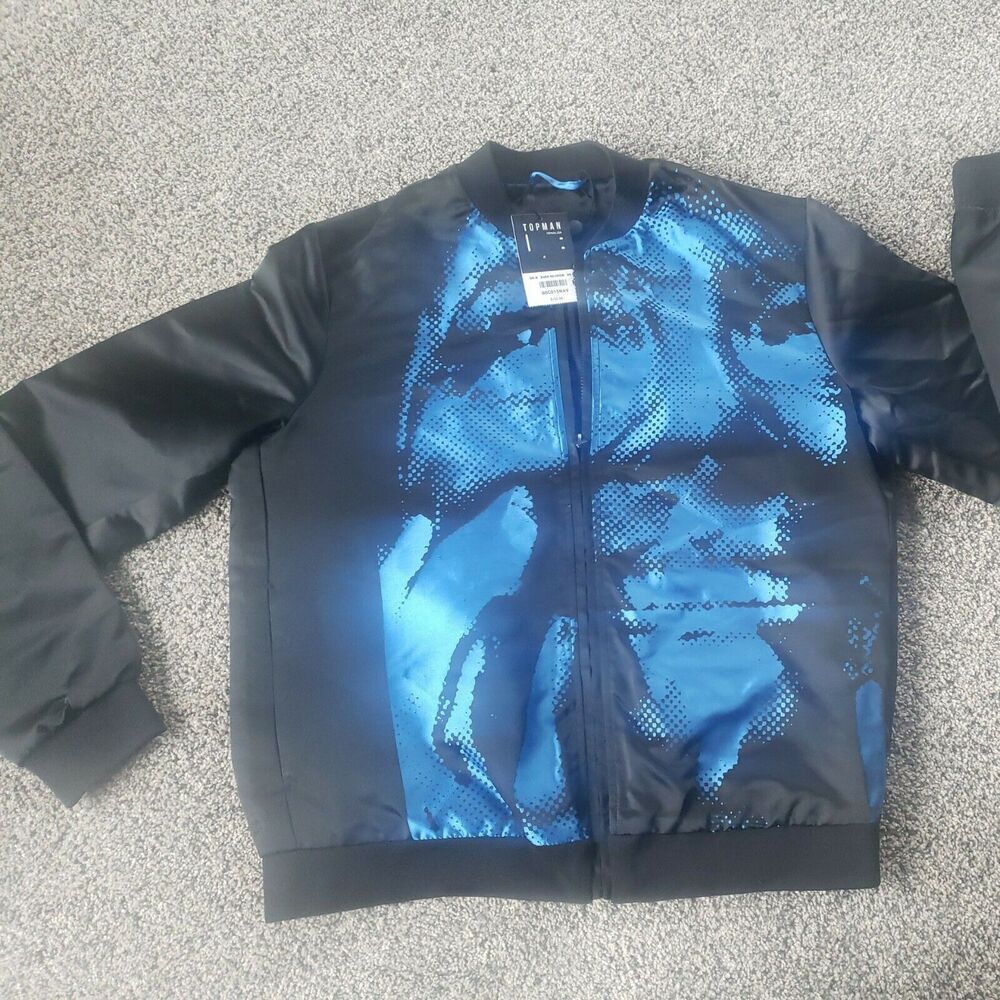 TOPMAN JACKET Medium Black Blue Abstract Bomber Jacket Coat - Picture 4 of 9